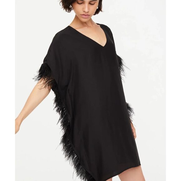 NWT Marie Oliver Women's Maura Feather V-Neck Dress 100% Silk - Black - Picture 2 of 10